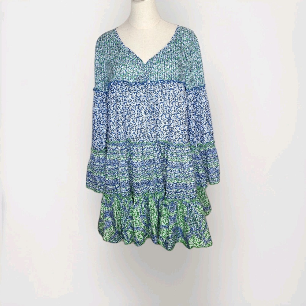 Chelsea & Theodore Dress Blue Green Tiered Mini Floral Boho Hippie Beach Sz S